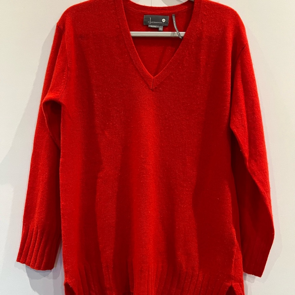 Anthropologie Bold Red V-Neck cashmere loose Sweater